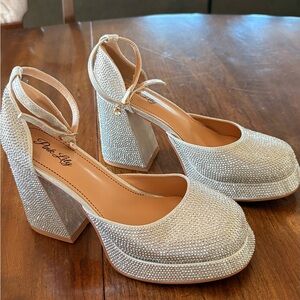 Pink Lily Silver Rhinestone Platform Block Heels with Ankle Strap